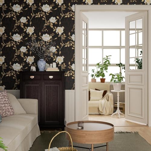 Laatse Black Golden Floral Peel and Stick Wallpaper Flowers Contact Paper 17.5" x 197" Self Adhesive Waterproof Vintage Dark Floral Wall Paper for Shelf Liner Cabinet Decor - color: Dark and Gold, size: 17.5" x 197"