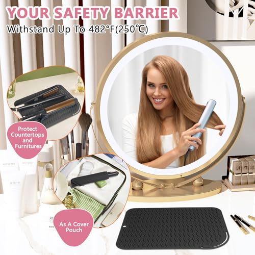 Larger Size Silicone Heat Resistant Mat for Curling Irons, Flat Irons, Hair Straightener and Other Hair Styling Tools, Portable Hot Tools Pad Cover for Travel Vanity Salon(12.0" x 9.0") - color: Black