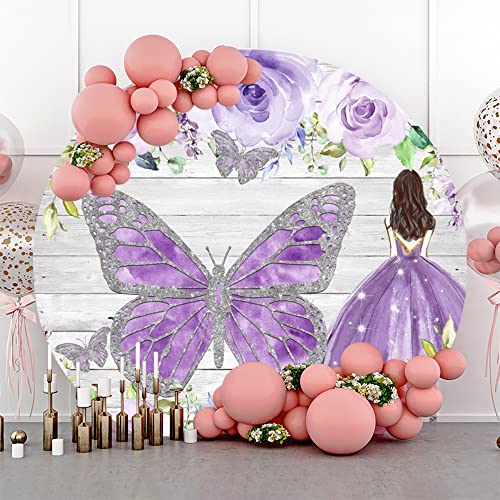 YongFoto Sweet Girl Princess Round Backdrop Cover 7.5ft Wood Texture Silver Sequin Butterfly Purple Camellia Floral Photography Background Quinceanera 15th Birthday Party Decor Cake Table Banner Booth - size: 7.5ftx7.5ft
