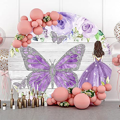 YongFoto Sweet Girl Princess Round Backdrop Cover 6.5ft Wood Texture Silver Sequin Butterfly Purple Camellia Floral Photography Background Quinceanera 15th Birthday Party Decor Cake Table Banner Booth - size: 6.5ftx6.5ft