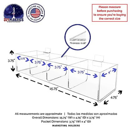 Slatwall Acrylic Retail Tray Four Compartment 15.75" Wide x 4.75" Deep Dump Bin Clear Product Merchandise Storage Caddy for Businesses by Marketing Holders - size: 4 Sections