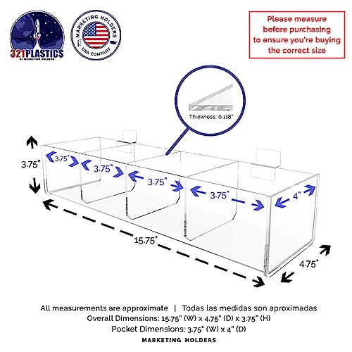 Slatwall Acrylic Retail Tray Four Compartment 15.75" Wide x 4.75" Deep Dump Bin Clear Product Merchandise Storage Caddy for Businesses by Marketing Holders - size: 4 Sections