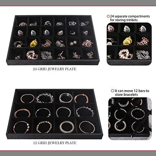 Julysky 4 Pcs/set Stackable Jewelry Organizer Trays for Drawer,100 Slots Ring Tray，Necklace Tray,12 Grid,24 Grid Jewelry Displays for Selling,Black - size: 100slot+Necklice+12grid+24grid