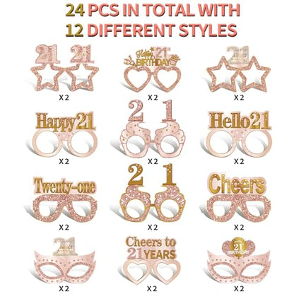 Guiruiy 24PCS 21st Birthday Paper Eyeglasses Decorations for Her, Pink Rose Gold Happy 21st Birthday Eyeglasses Gifts for Girls Women, Funny Finally 21 Year Old Birthday Glasses Party Supplies - style: Rose Gold 21st
