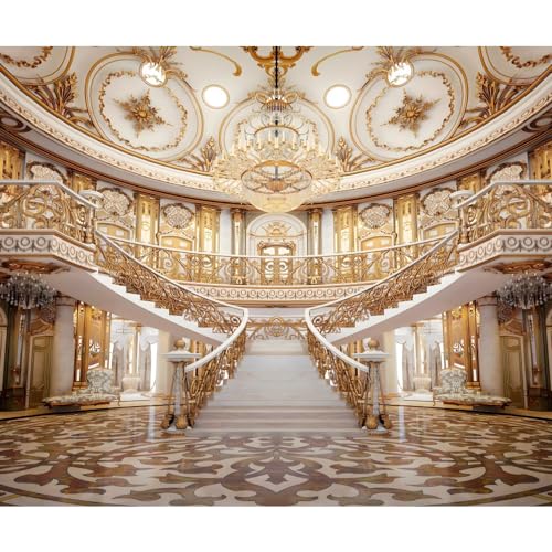 Yeele 15x8ft Luxurious Palace Backdrop for Photography Golden Castle Chandelier Staircase Royal Villa Background for Wedding Bridal Shower Anniversary Decor Portrait Photo Studio Shoot Props Vinyl - size: 15x8ft
