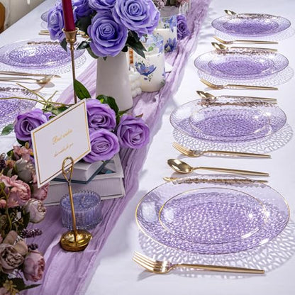 Rubtlamp 60Pcs Clear Purple Gold Plastic Plates, Purple Disposable Plates With Gold Rim, Hammered Plastic Plates Include 30 Clear Dessert Plates, 30 Dinner Plates for Party - color: Clear Purple Gold