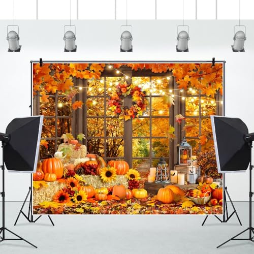Fall Thanksgiving Backdrop for Photography 10x8ft Autumn Forest Window Pumpkin Haystack Sunflower Photo Backdrop Maple Leaves Path Friendsgiving Party Decor Baby Shower Kids Adult Portrait Photo Props