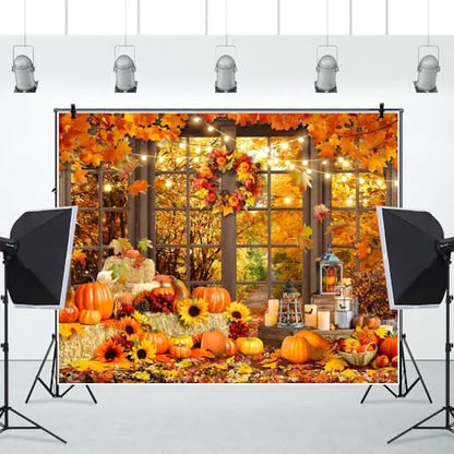 Fall Thanksgiving Backdrop for Photography 10x8ft Autumn Forest Window Pumpkin Haystack Sunflower Photo Backdrop Maple Leaves Path Friendsgiving Party Decor Baby Shower Kids Adult Portrait Photo Props