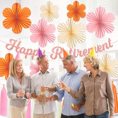 Roetyce Retirement Party Decorations Women, Pink Orange Happy Retirement Banner Paper Fan Tassel, Flower Themed Office Retired Party Supplies for Coworker, Funny Legend Has Retired Photo Backdrop