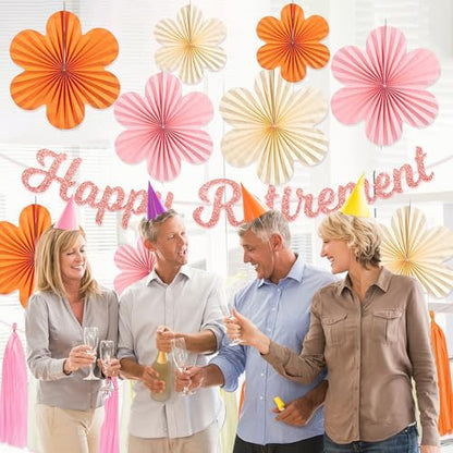 Roetyce Retirement Party Decorations Women, Pink Orange Happy Retirement Banner Paper Fan Tassel, Flower Themed Office Retired Party Supplies for Coworker, Funny Legend Has Retired Photo Backdrop