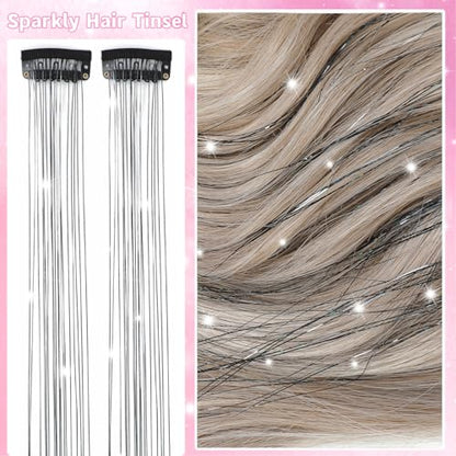 Hair Tinsel Clip in 12 Pcs Glitter Tinsel Hair Extensions 20 Inch Fairy Hair Clip in Hair Tinsel Heat Resistant Sparkly Hair Accessories for Girls Women Kids (Black) - color: Black