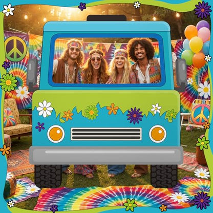 Capoda Mysterious Van Photo Backdrop Stand up Cardboard Cutout for Hippie Daisy Party Decorations - 55 x 52 Inch Large Retro Daisy Flower Truck Standee with Face Hole for Birthday Party Supplies - style: Hippie Car