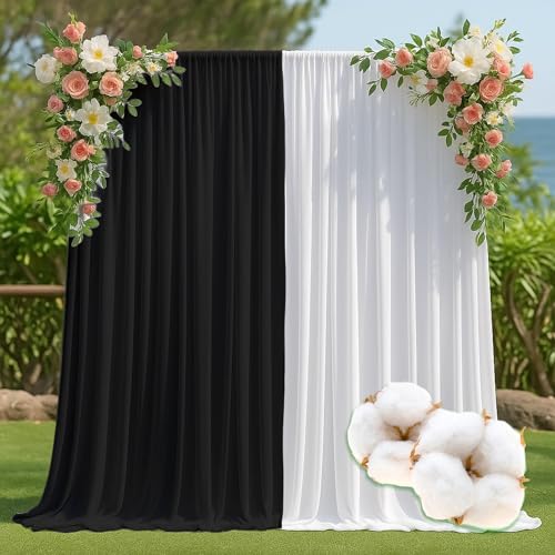 Prism 10x9ft Organic Cotton White & Black Backdrop Curtain for Parties Soft Fabric Drapes Wedding Curtain Backdrop for Birthday Party Decorations Background for Photography 5x9ft, 2 Panels