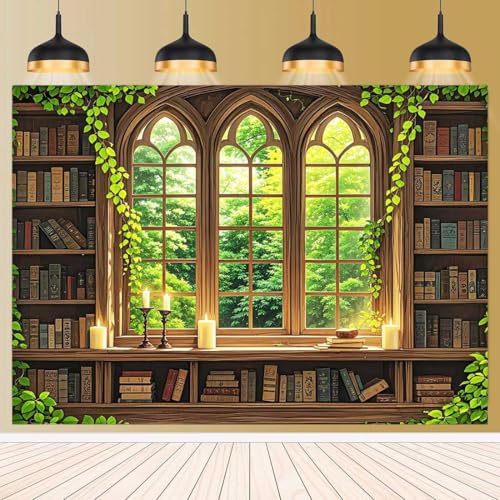 Vintage Wooden Bookshelf Backdrop for Photography Retro Library Window Green Forest Candle Photography Background Medieval Art Book Decorations Photo Props 9x6ft - size: 9X6FT