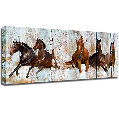 Horse Canvas Wall Art Racing Horses on Vintage Wood Textured Background Animal Picture Rustic Country Style Modern Giclee Print Gallery Wrap Home Decor Ready to Hang 20"x48"