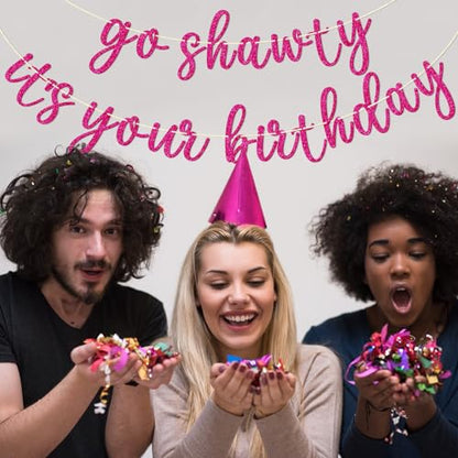 Go Shawty It's Your Birthday Banner, Hip Hop Birthday Party Decorations Supplies, Rap Theme Bday Bunting Sign, Pre-strung, Photo Props (Pink) - color: Pink