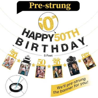 Guiruiy Black Gold 50th Birthday Decorations for Men Women, Pre-strung Glitter Happy 50th Birthday Hanging Photo Banner Party Supplies, Cheers to 50 Years Old Bday Banners - style: Black Gold 50th