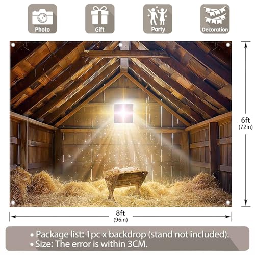 8x6ft Fabric Christmas Manger Scene Backdrop Birth of Jesus Nativity Holy Family Photography Background Barn Stable Christian Party Decor Photo Props - size: 8'x6'