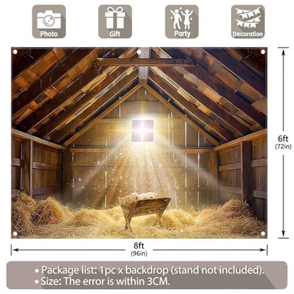 8x6ft Fabric Christmas Manger Scene Backdrop Birth of Jesus Nativity Holy Family Photography Background Barn Stable Christian Party Decor Photo Props - size: 8'x6'