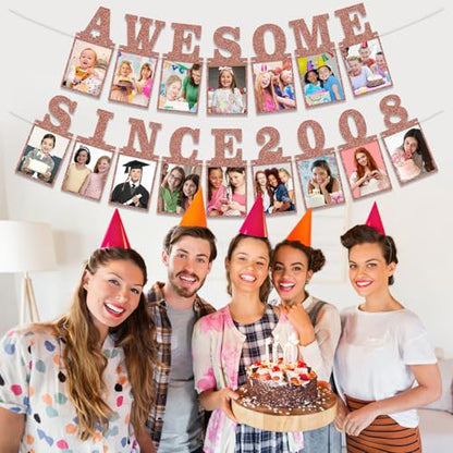 Pre-strung Awesome Since 2008 Photo Banner Birthday Decorations for Girls Women- Pink Rose Gold Glitter Happy 18th Birthday and Anniversary Decorations Party Supplies - style: Pink Rose Gold 18th