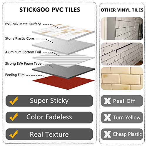 STICKGOO 20 Sheets Peel and Stick Backsplash Tile, Stick on Backsplash for Kitchen and Bathroom, Calacatta Gold Marble Look PVC Mixed Gold Self Adhesive Wall Tiles - color: Calacatta Gold + Metal Gold