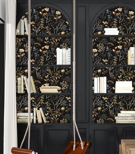 Vintage Floral Peel and Stick Wallpaper，Black and Glod 17.5" x 197" Contact Paper，Dark Boho Leaf Wall Paper Vinyl for Bedroom Bathroom Waterproof Self Adhesive Removable Renter Friendly - color: Multicolor, size: 17.5" x 197"