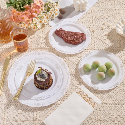 Fijinhom 350 PCS White and Gold Disposable Plates, Elegant Dinnerware Set for 50 Guests, 100 Plastic Plates, 150 Silverware, 50 Cups & 50 Paper Napkins, White and Gold - color: White and Gold Pattern, size: 50 Guests-350pcs