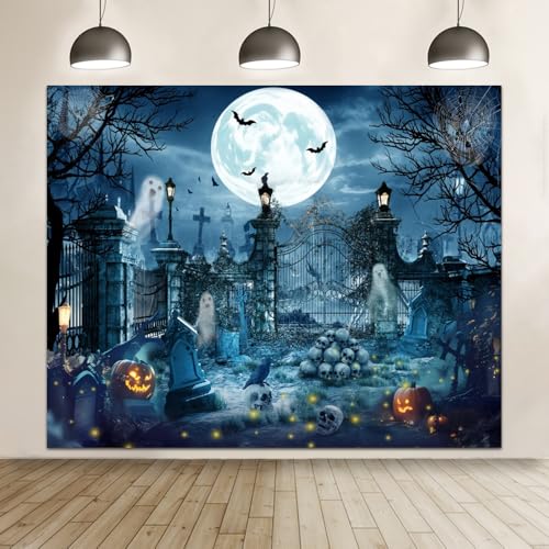 Halloween Backdrop for Photography 10x8ft Scary Cemetery Ghost Skull Full Moon Night Halloween Photo Backdrop Spooky Pumpkin Bat Photography Background Party Decor Kid Adult Portrait Photo Booth Prop