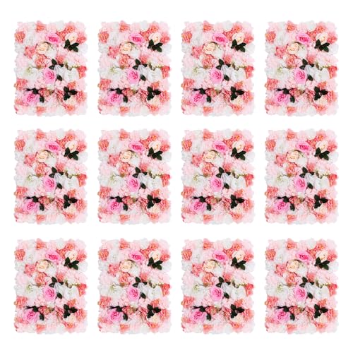 LOYALHEARTDY 12 Pack Artificial Flower Wall Panels 24" x 16" White & Pink Faux Roses Artificial Flower Backdrop Panels for Wedding Party Event Flower Wall Decor - color: 12 Pcs, Pink+white+leaf