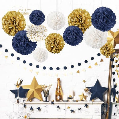 NICROLANDEE Wedding Party Decorations - 12 PCS Navy Blue and Gold Tissue Paper Pom Poms for Colleage Graduation, Baby&Bridal Shower, Birthday, Bachelorette Party, Engagement Party, Anniversary Party - style: Navy Blue