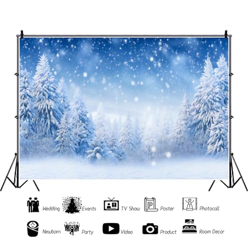 Laeacco 6x4ft Winter Snow Scenery Backdrop Falling Snowflake Wonderland Snow Pine Trees Forest Landscape Photography Background Christmas New Year Family Party Kids Adult Portrait Photo Booth Props - size: 6x4ft