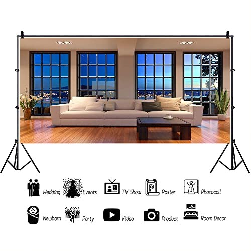 AOFOTO 15x8ft Business Office Window View Backdrop French Sash Modern Living Room Interior Sofa Casement Photography Background Work at Home Nightscape Wooden Floor Furniture Video Studio Props Vinyl - size: 15x8ft
