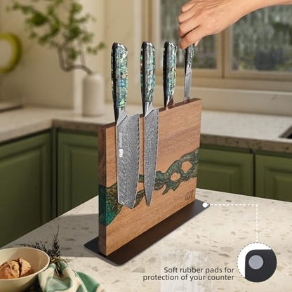FINDKING Magnetic Knife Block, Double-Sided Knife Holder with Strong Magnets, Acacia Wood and Golden Green Resin, Countertop Kitchen Knife Storage Stand (12 × 10 Inches, Without Knives) - color: Golden Green