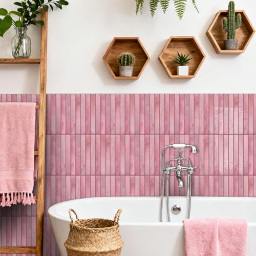 VICCI 20-Sheet Subway Tile Stickers, 3D Textured Blush Pink Peel and Stick Backsplash 4.72x9.68, No-Grout Removable - color: Blush Pink