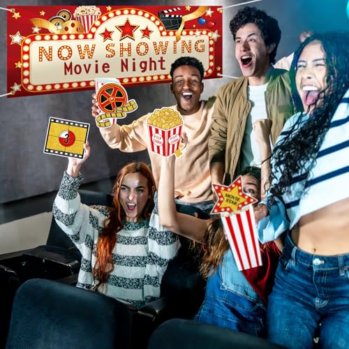 11 Pieces Movie Night Party Decorations Now Showing Banner Photography Background Movie Night Cutouts Double Sided Printing Red Carpet Clapboard Backdrop Cutout Party Cards Photo Booth Props Supplies