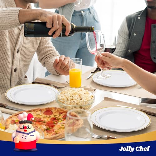 JOLLY CHEF 200 Pieces Gold Plastic Plates, 10 Inch Elegan Disposable Plates White Plate with Gold Rim,Plastic Plates for Christmas、Birthdays and Weddings - style: Gold-200