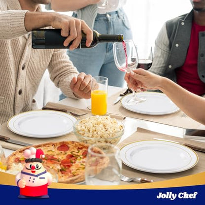 JOLLY CHEF 200 Pieces Gold Plastic Plates, 10 Inch Elegan Disposable Plates White Plate with Gold Rim,Plastic Plates for Christmas、Birthdays and Weddings - style: Gold-200