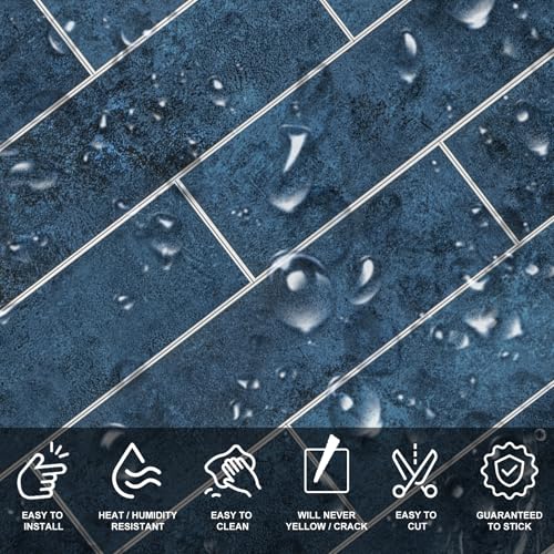 24-Pieces Peel and Stick Tiles for Kitchen Backsplash, New Upgrade Design 12" x 3"SPC Subway Backsplash Tiles, Marble Blue Premium Finger Tiles (Blue). - color: Blue, size: 10 Sheet