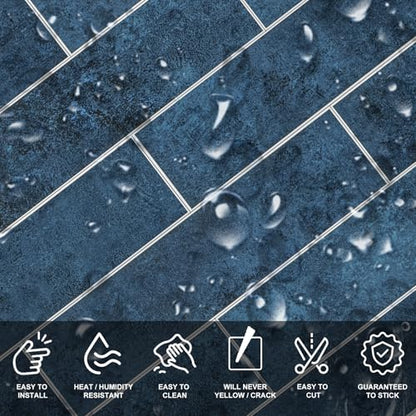 24-Pieces Peel and Stick Tiles for Kitchen Backsplash, New Upgrade Design 12" x 3"SPC Subway Backsplash Tiles, Marble Blue Premium Finger Tiles (Blue). - color: Blue, size: 10 Sheet
