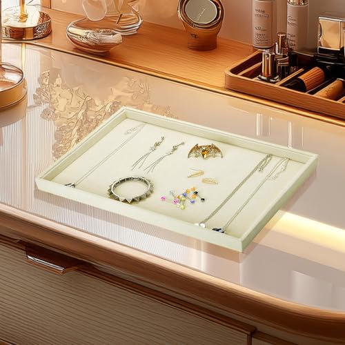 13.8" x 9.5" Velvet Jewelry Tray Jewelry Display Tray, Stackable Empty Plate Trays for Earrings Necklaces Bracelet Rings Display Showcase - Light Khaki - color: Light Khaki, size: Flat Tray 13.8"x9.5"