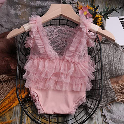 Baby Photography Props Outfit Lace Rompers Newborn Girl Photo Shoot Outfits Flower Headband Princess Costume - color: Pink B