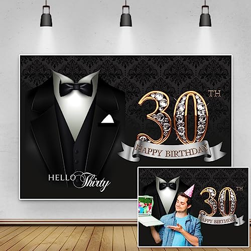 5x3ft Man Happy 30th Birthday Backdrop Gentleman Necktie Suit Tuxedo Luxury Black Gold Diamond 30 Photography Background Hello Thirty Birthday Party Decor Banner Portrait Photo Shoot Props - color: black gold 30, size: 5x3ft