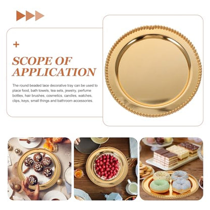 UKCOCO European Style Metal Fruit Dish Beaded Edge Mirror Finish 25cm Gold Food Serving Tray Dessert and Snack Display Plate for Home Storage and Photography Props