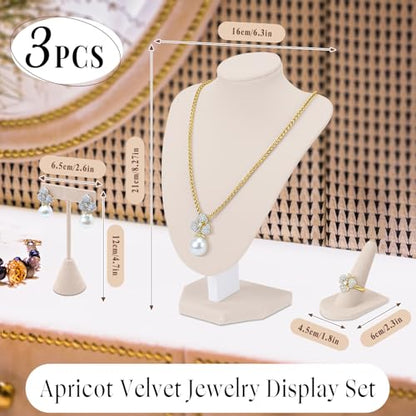Wenqik 3 Pcs Velvet Jewelry Display Set Velvet Necklace Bust Holder T Shape Earring Stand Ring Finger Jewelry Holder (Linen) - color: Linen