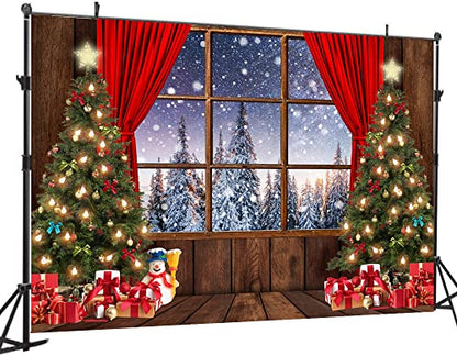 8X6FT Christmas Backdrop - Wood Floor Snow Forest Window View Photography Background for Studio Props DH-219