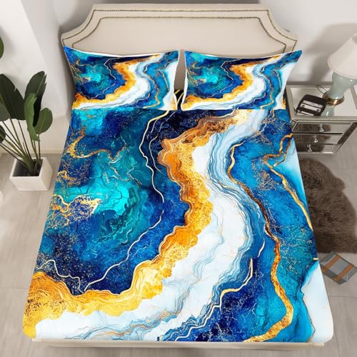 Marble Print Fitted Sheet Twin Size,Marbling Abstract Stone Texture Bedding Set,Boys Girls Adults Room Decor,Artwork Geometric Waves Blue Golden Modern Bed Cover,1 Pillowcase（No Flat Sheet） - color: Blue Golden White, size: TWIN (W39*L75*H16")