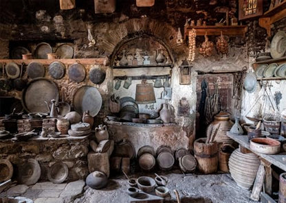 10x10ft Fabric Rustic Old Kitchen Backdrop Old Village Stone Kitchen Antique Pantry Monasteries in Meteora Greece Background Rural Farmhouse Cooking Utensils Backdrop Photo Booth Props - size: 10x10FT