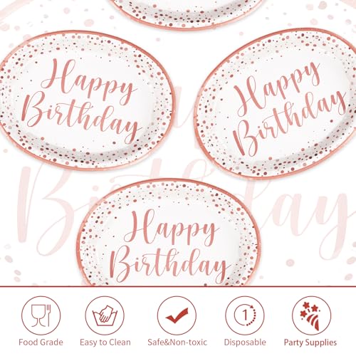 Grencian 50Pcs Pink Rose Gold Birthday Oval Plates 10" x 12" Large Heavy Duty Pink Dots Paper Plates Disposable 400GSM Tableware Dinnerware for Girls Women Rose Gold Birthday Party Decorations - style: Pink Rose Gold Oval Kit