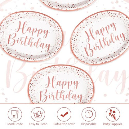 Grencian 50Pcs Pink Rose Gold Birthday Oval Plates 10" x 12" Large Heavy Duty Pink Dots Paper Plates Disposable 400GSM Tableware Dinnerware for Girls Women Rose Gold Birthday Party Decorations - style: Pink Rose Gold Oval Kit