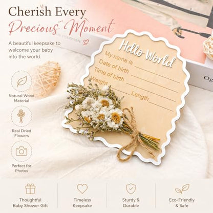 Wonhibo Daisy Newborn Announcement Sign - Baby Hospital Photo Prop Wooden Board Card with Real Pressed Flowers Hello World - color: Daisy Flower